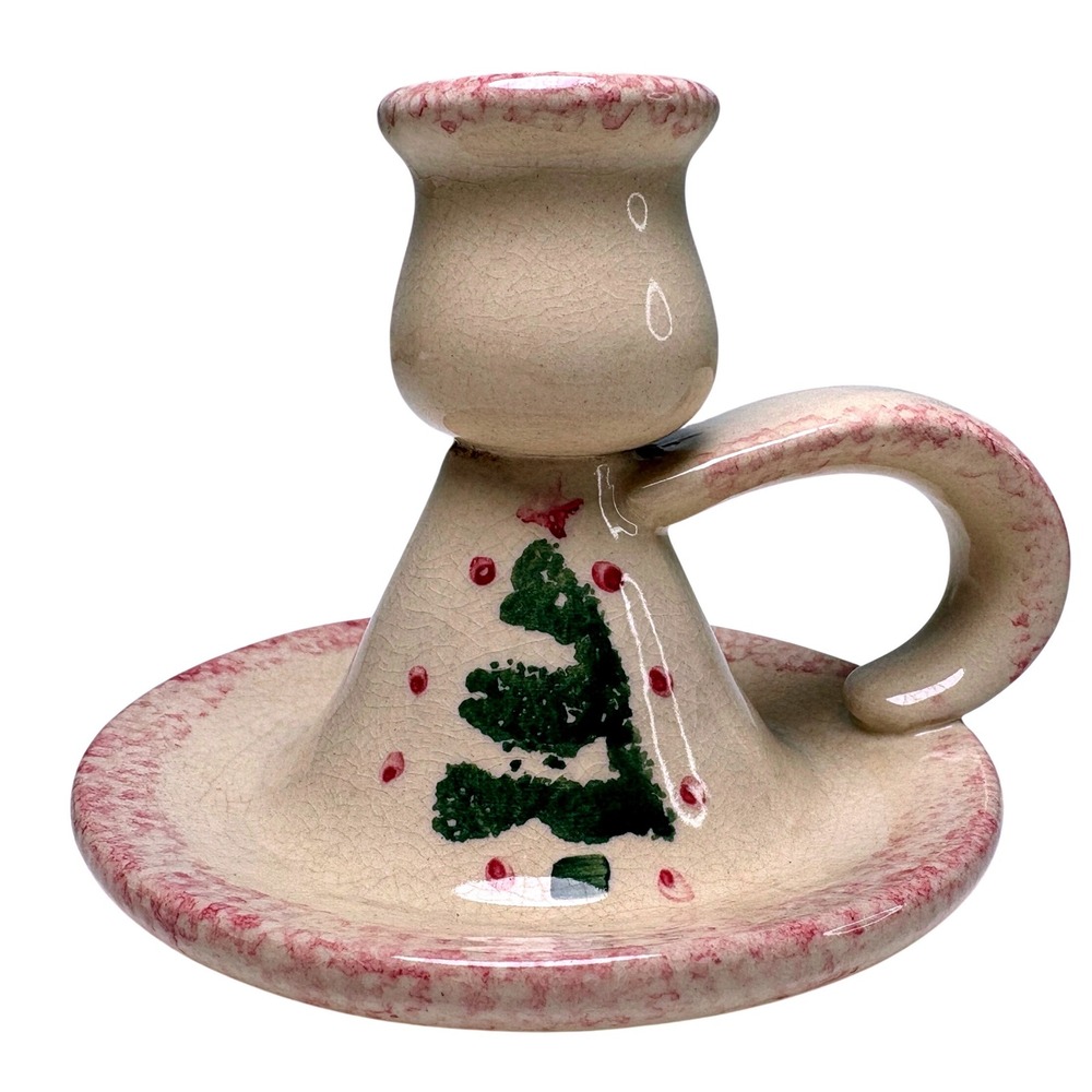 Vintage Christmas Tree Ceramic Chamberstick Candle Holder Sponge Trim Spongeware